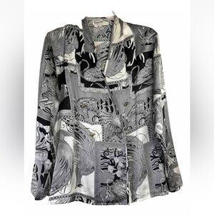 Salvatore Ferragamo Women's Black and Gray Button Down Shirt